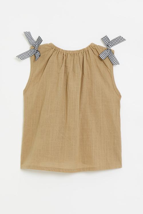 Openwork blouse with contrast bow detail - brown/black gingham