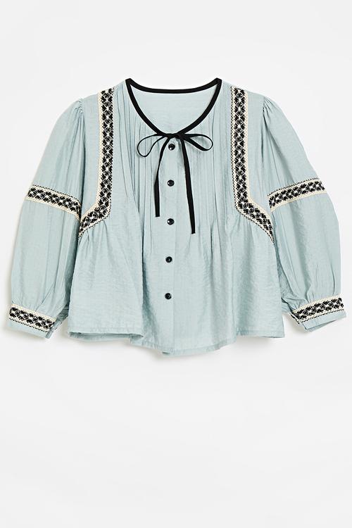 Pin tucked boho blouse with woven trim detail - light blue/mutli
