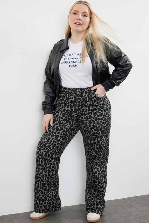 Plus size high waist leopard print jeans - anthracite