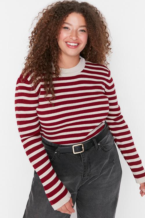 Plus size claret striped body wrap sweater - bordeaux