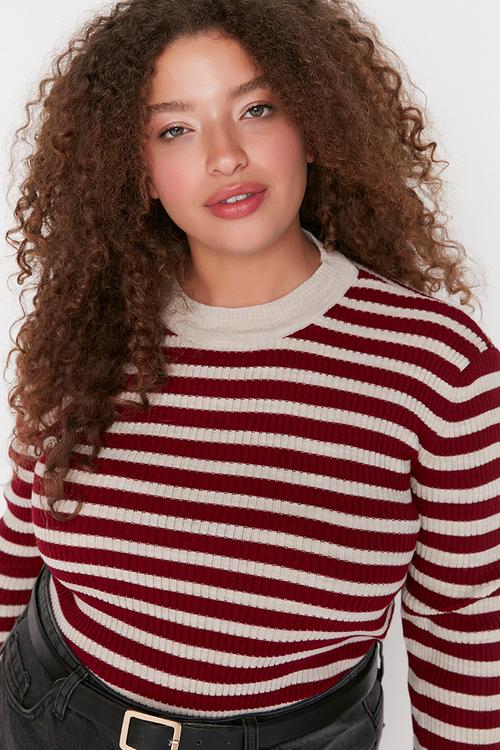 Plus size claret striped body wrap sweater - bordeaux