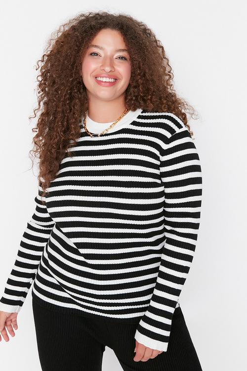 Plus size striped ribbed sweater  - black
