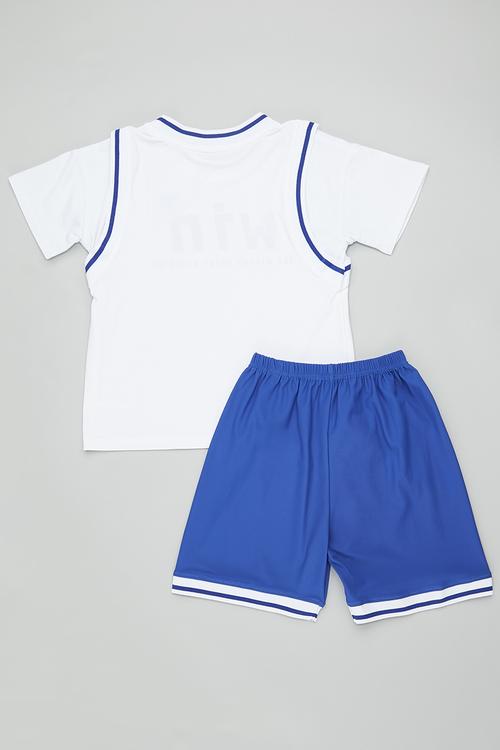 Slogan print basketball tee with matching shorts - blue/white/win