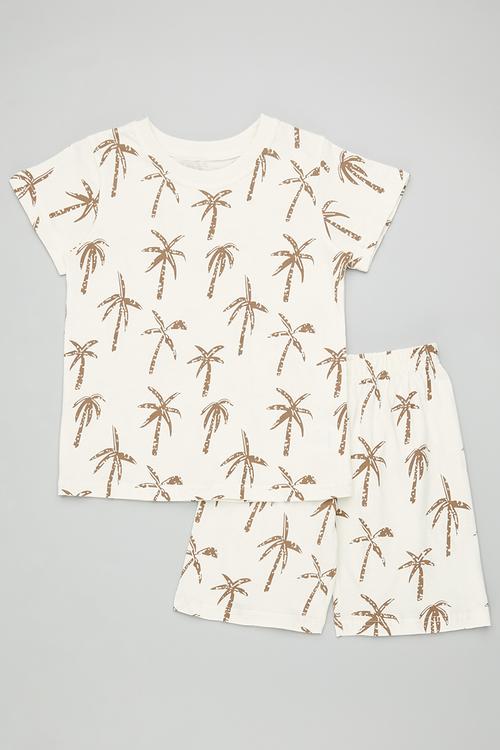 Palm tree all-over print tee & shorts - ecru/brown