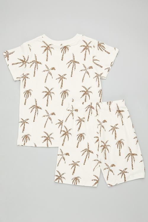 Palm tree all-over print tee & shorts - ecru/brown