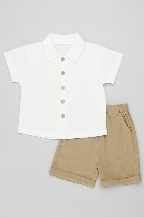 Mother of pearl button shirt with shorts - white/tan