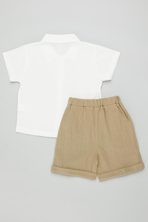 Mother of pearl button shirt with shorts - white/tan
