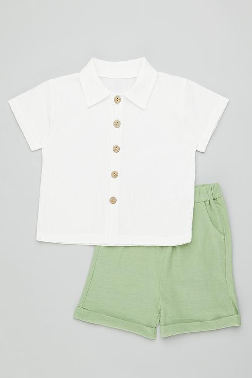 Mother of pearl button shirt with shorts - white/celadon green