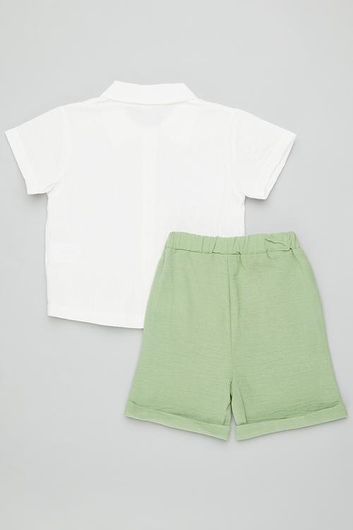Mother of pearl button shirt with shorts - white/celadon green