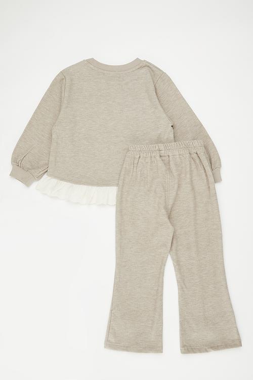 Bow decor sweat top with wide leg pants - beige/cream