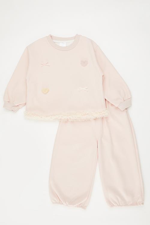 Ruffled hem sweat top & pants set - pink