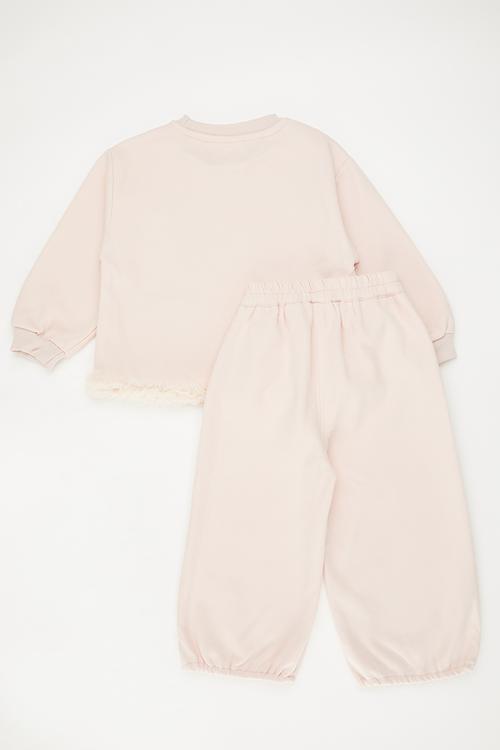 Ruffled hem sweat top & pants set - pink