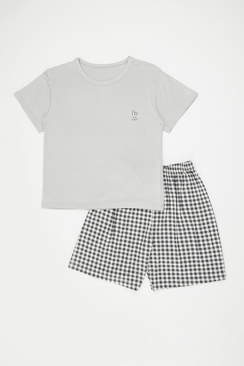 Pj top with gingham shorts - silver grey/bunny