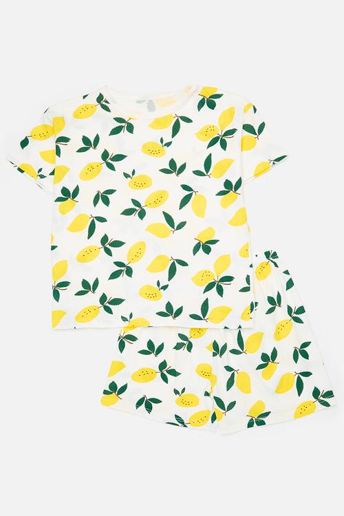 Lemon all-over print pj top & shorts - white