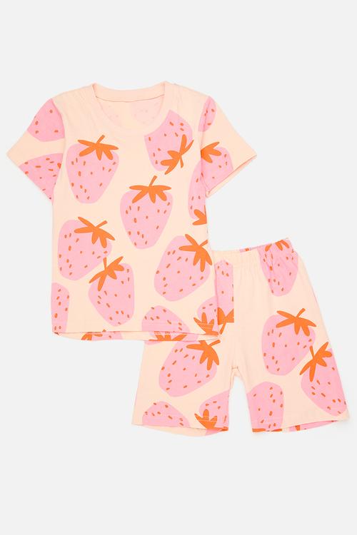 Strawberry all-over print tee with shorts - papaya whip