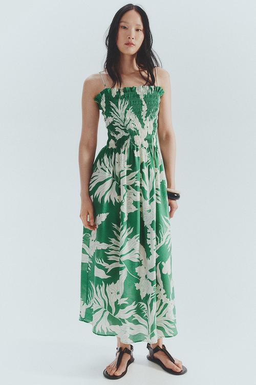 Smocked-bodice strappy dress - green/white floral