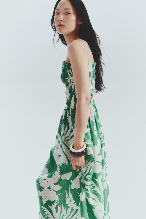 Smocked-bodice strappy dress - green/white floral