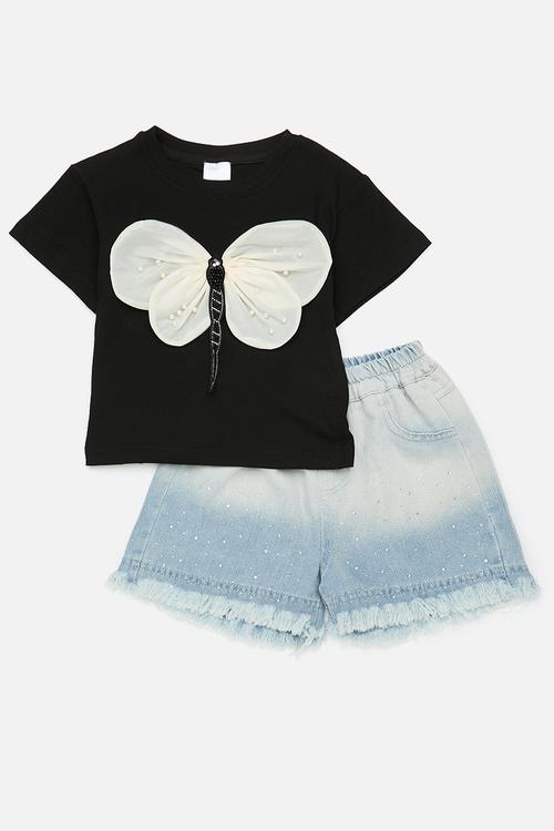 Beaded butterfly tulle wing top with frayed hem shorts
