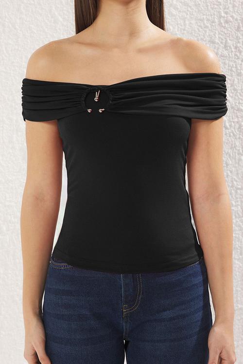 Carmen Collar Accessory Detailed Body-Fitting Stretchy Knitted Blouse - Black