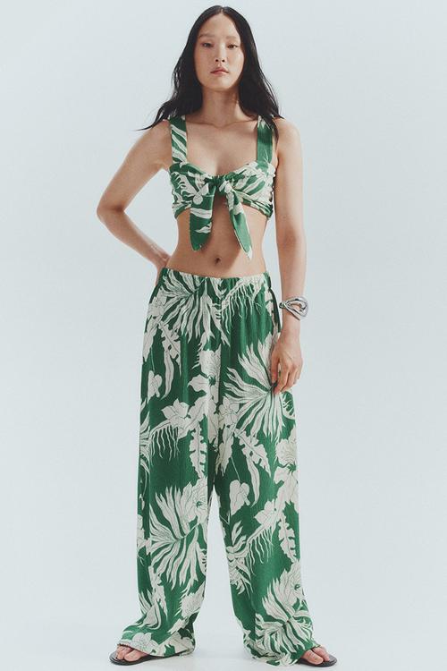 Wide trousers - green/white floral