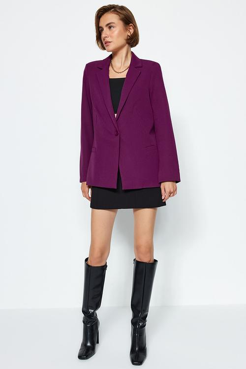 Regular Woven Blazer Jacket with Lining Details - Dark Purple