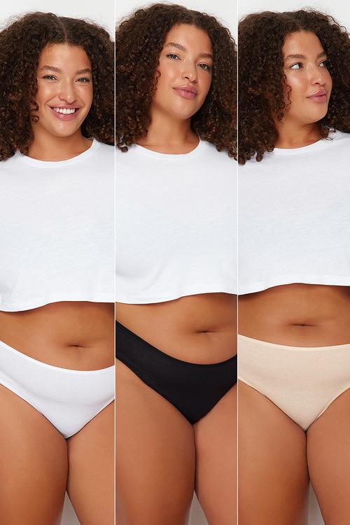 Plus size 3-pack cotton classic panties - black-white-skin