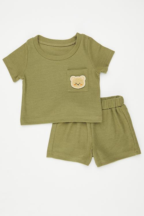 Waffle knit top with bear badge & matching shorts - sap green