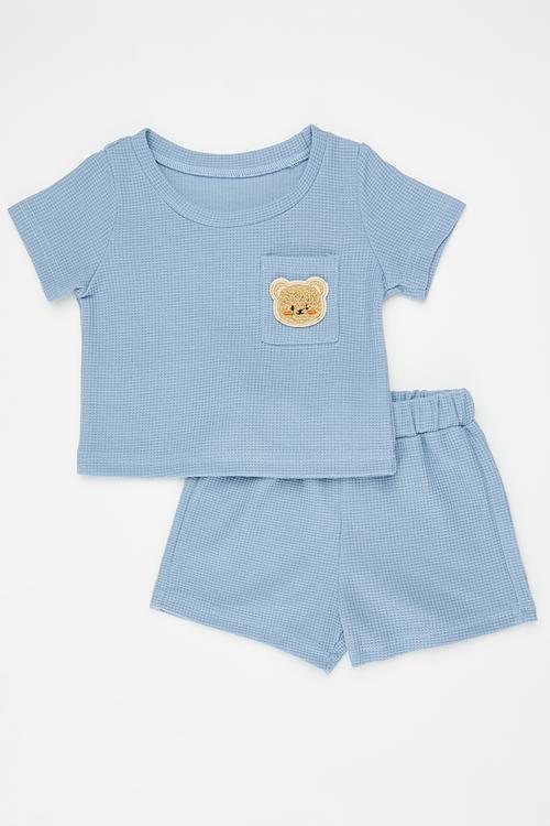 Waffle knit top with bear badge & matching shorts - blue