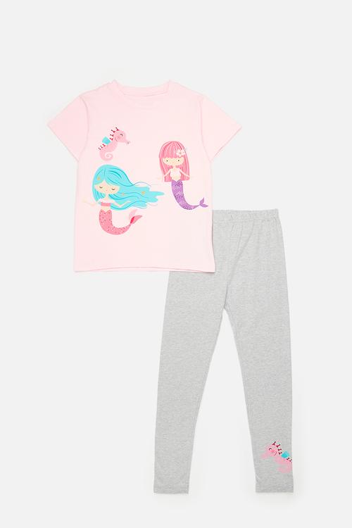 Mermaid & seahorse graphic tee with leggings - pink/grey