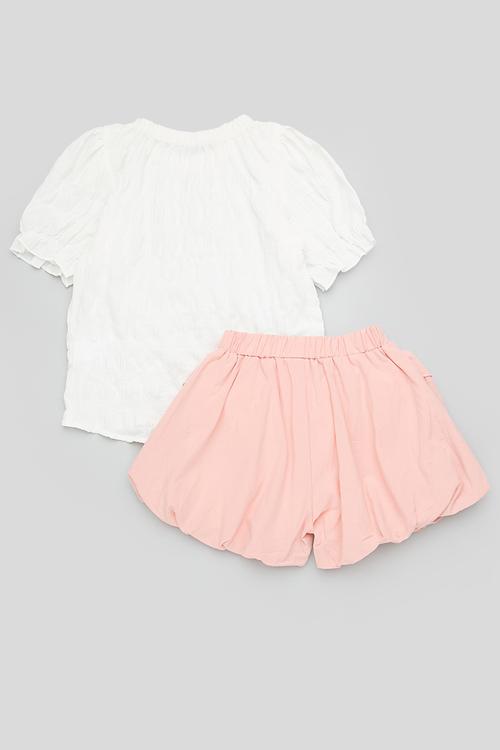 Gathered neckline blouse with bubble shorts - white/pink