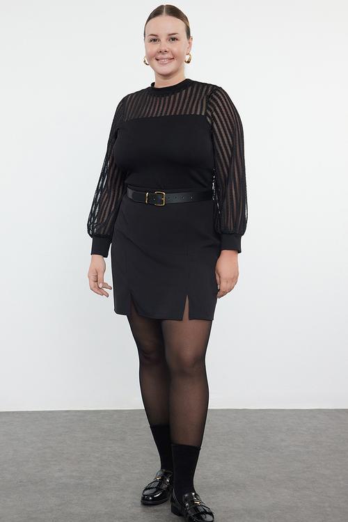 Plus size  lace fitted bodysuit blouse - black