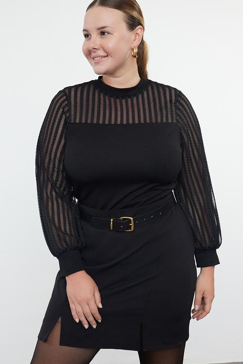 Plus size  lace fitted bodysuit blouse - black