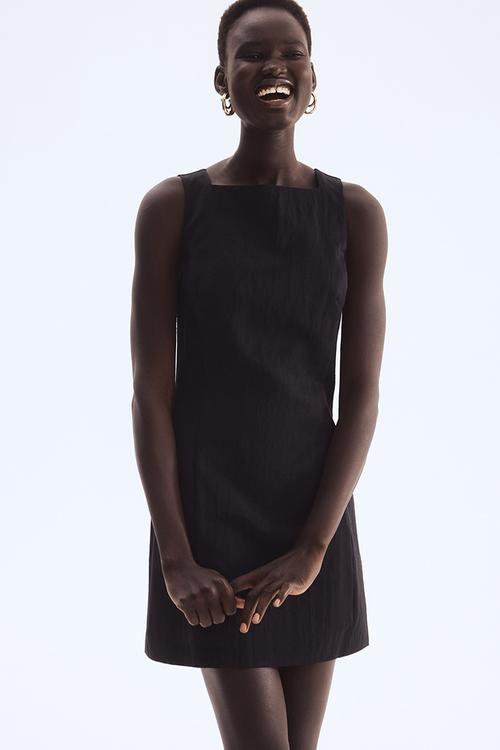 Square-neck twill dress - black