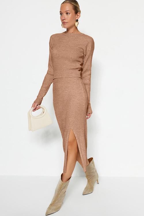 Knitwear Crop Skirt Set  - Camel