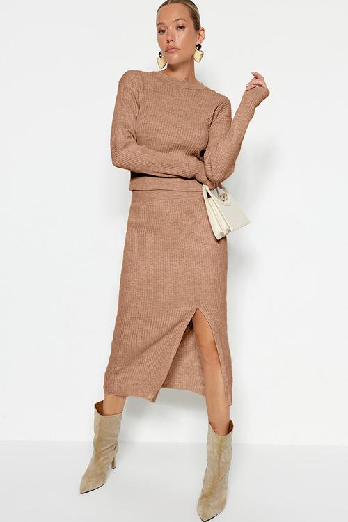 Knitwear Crop Skirt Set  - Camel