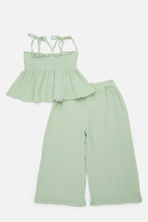 Shirred bodice top with extra wide leg pants - calm green