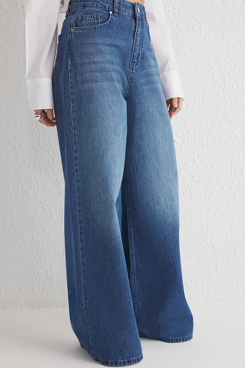High Waist Extra Wide Leg Palazzo Jeans - Blue