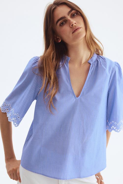 Broderie anglaise cotton blouse - light blue/striped
