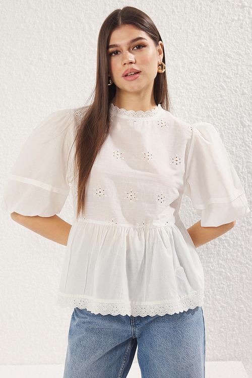 Balloon Sleeve Round Neck Woven Blouse - White