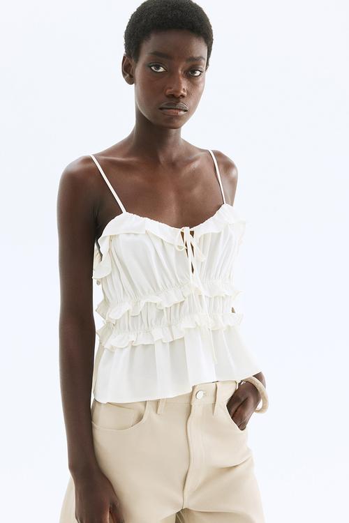 Frill-trimmed strappy top - white