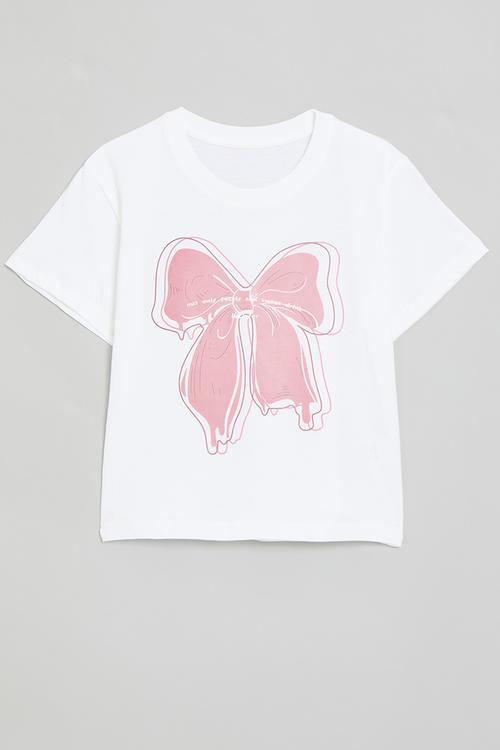 Bow placement print tee with slogan - white/pink
