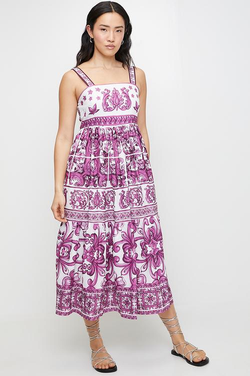 Strappy border print boobtube dress - purple