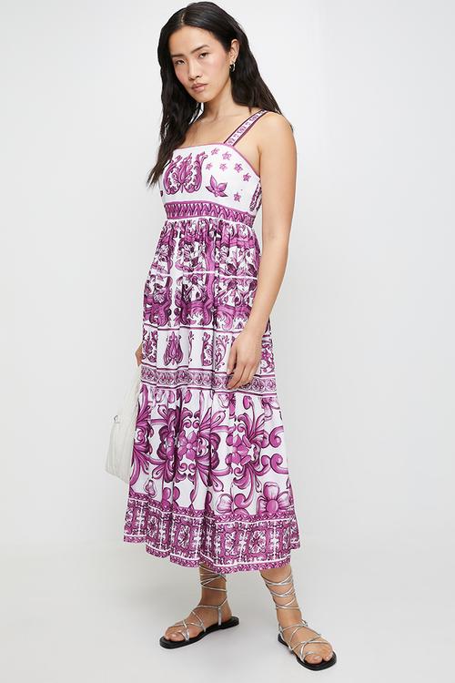 Strappy border print boobtube dress - purple