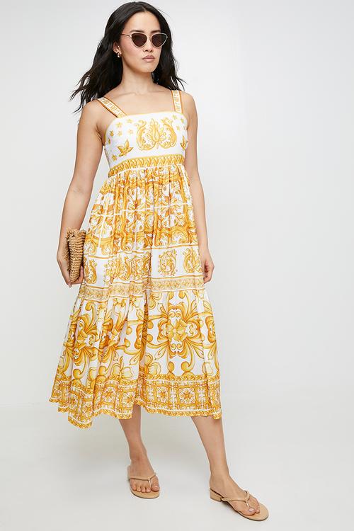 Strappy border print boobtube dress - yellow