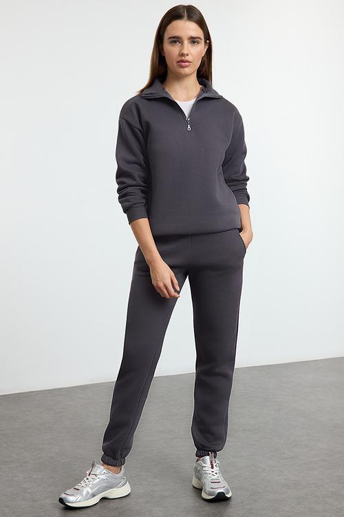 Fleece Anthracite Zippered Jogger Tracksuit Set - Anthracite