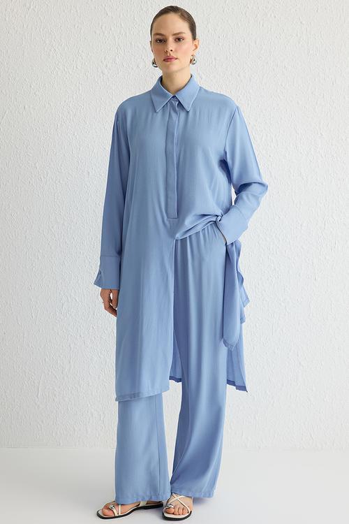 Front Slit Shirt Collar Woven Bottom-Top Suit Set - Blue