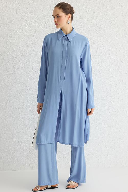 Front Slit Shirt Collar Woven Bottom-Top Suit Set - Blue