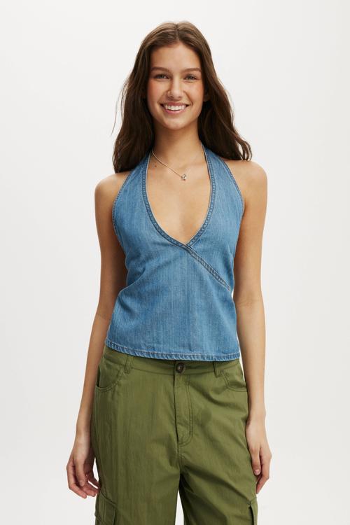 Avery wrap denim top - notion blue