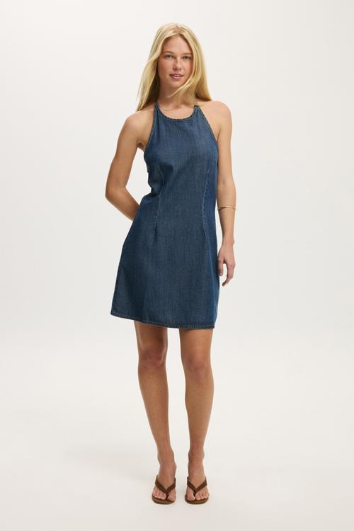 Sloan lightweight denim halter dress - Riviera blue