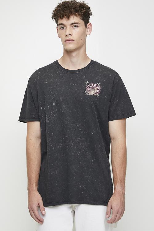 Oversized Crew Neck T-Shirt  - Jet Black Acid Wash/Multi Colour Print